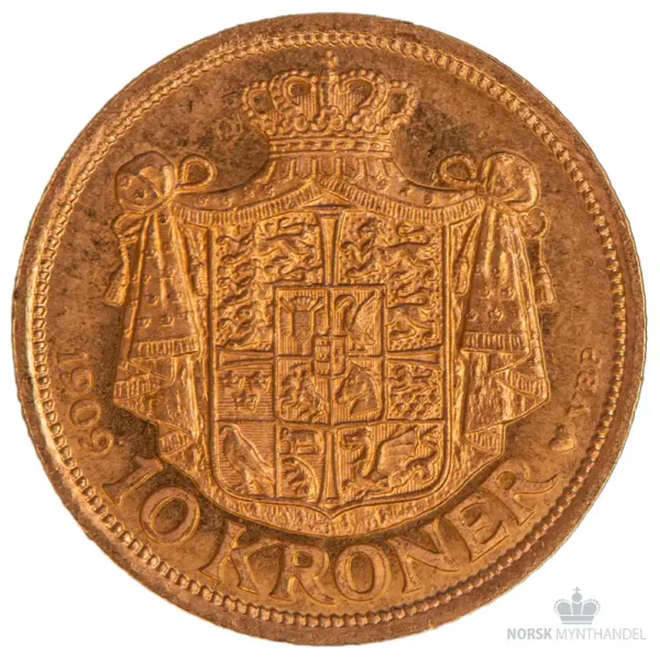 1909 Danmark 10 Kroner 4,03 gram Gull Kv 01 M/Kapsel & Garantibevis