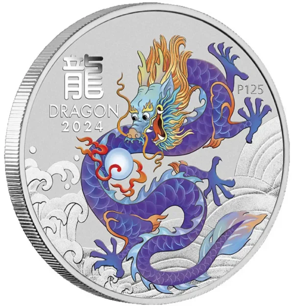 2024 Australia 1 oz Sølv Lunar S3 Year of the Dragon Farget Lilla BU M/Kapsel - Bilde 3