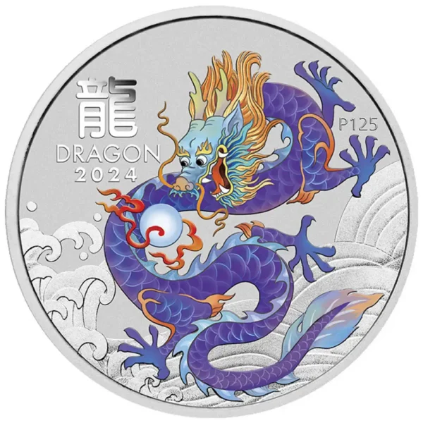 2024 Australia 1 oz Sølv Lunar S3 Year of the Dragon Farget Lilla BU M/Kapsel