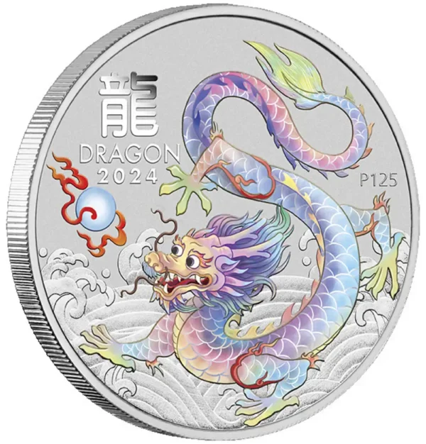 2024 Australia 1 oz Sølv Lunar S3 Year of the Dragon Farget Hvit BU M/Kapsel - Bilde 3