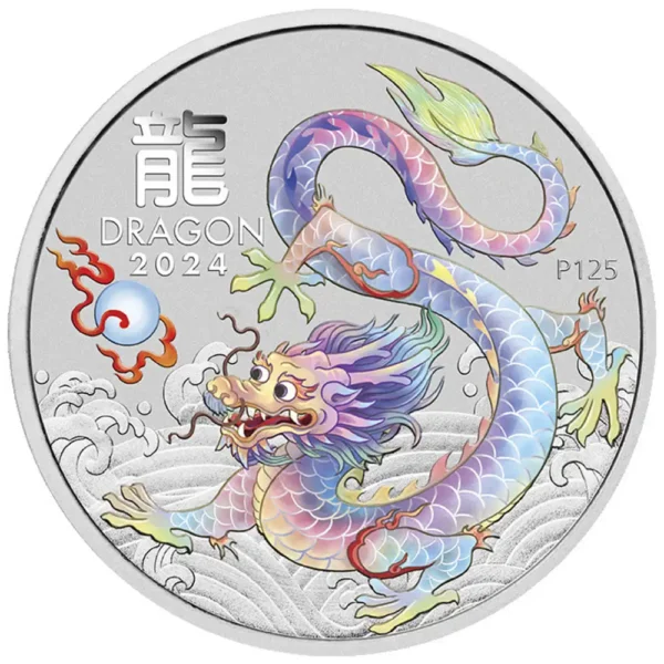 2024 Australia 1 oz Sølv Lunar S3 Year of the Dragon Farget Hvit BU M/Kapsel
