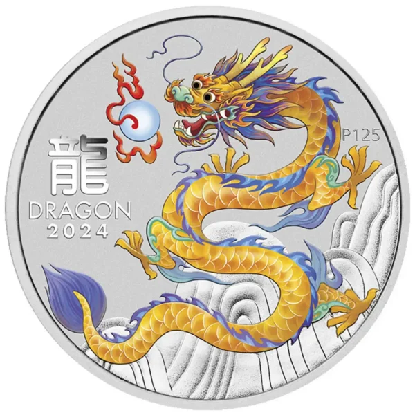 2024 Australia 1 oz Sølv Lunar S3 Year of the Dragon Farget Gul BU M/Kapsel