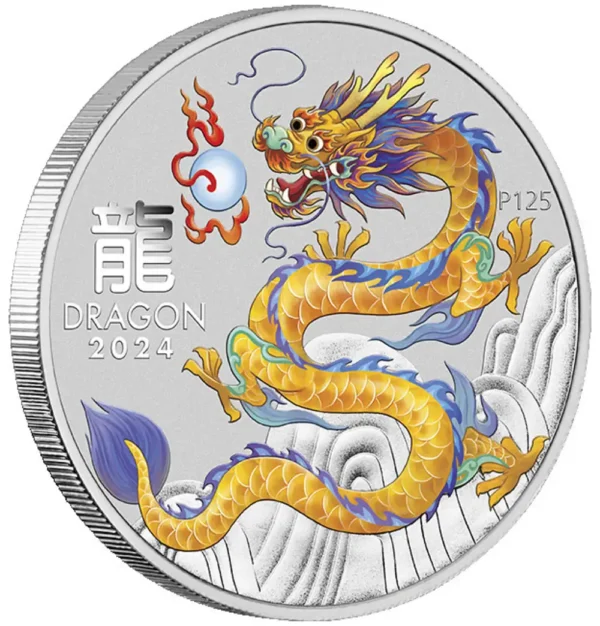 2024 Australia 1 oz Sølv Lunar S3 Year of the Dragon Farget Gul BU M/Kapsel - Bilde 3
