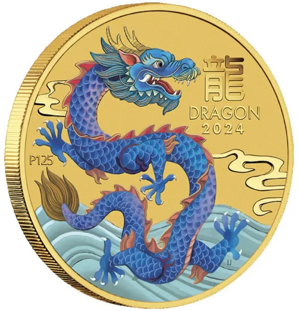 2024 Australia 1/10 oz Gull Lunar S3 Year of the Dragon Farget BU M/Kapsel - Bilde 3