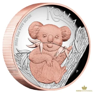 2026 Australia 5 oz Sølvmynt Koala Proof HR Gilded M/Etui & COA