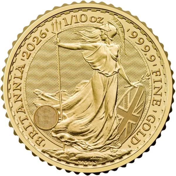 2026 Storbritannia 1/10 oz Gull Britannia BU M/Air-tite Kapsel