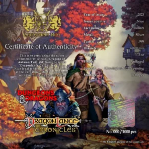 2023 Niue 3 oz Sølv Dragonlance Chronicles - Dragons of Autumn Twilight UHR Farget Antique M/Etui & COA