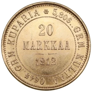 1912 Finland 20 Markkaa 5,8 gram Gull Kv 01 M/Saflip & Garantibevis