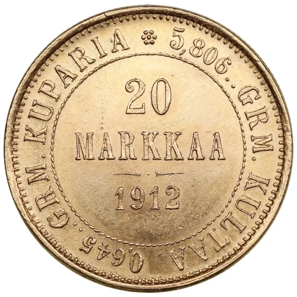 1912 Finland 20 Markkaa 5,8 gram Gull Kv 01 M/Saflip & Garantibevis