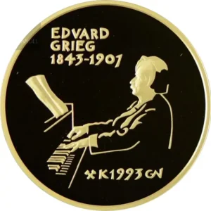 1993 Norge 1/2 oz Gull 1500 Kroner Edvard Grieg 150 år Proof M/Kapsel