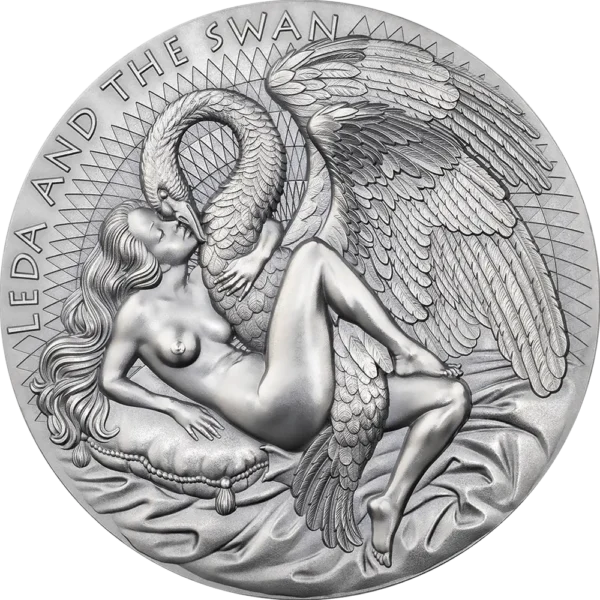 2023 Kamerun 2 oz sølv Celestial Beauty - Leda and The Swan High Relief Antique M/Etui & COA