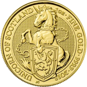 2018 Storbritannia 1 oz Gull Queen`s Beasts Unicorn of Scotland BU M/Air-tite kapsel
