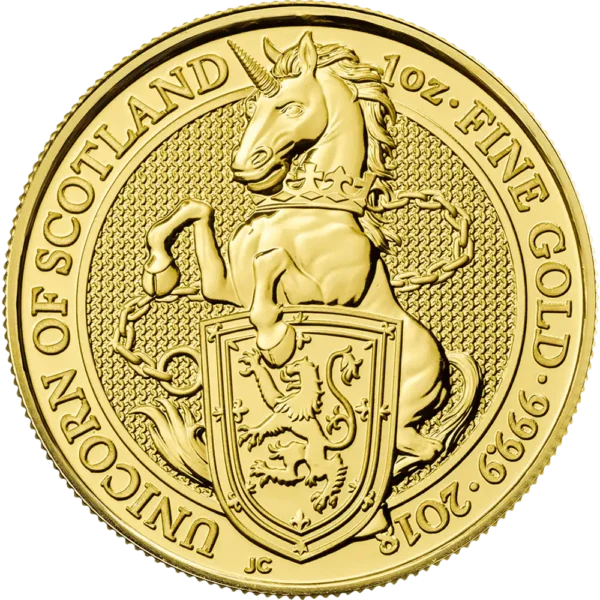2018 Storbritannia 1 oz Gull Queen`s Beasts Unicorn of Scotland BU M/Air-tite kapsel