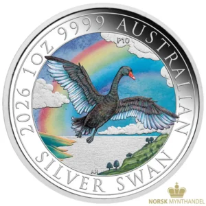 2026 Australia 1 oz Sølvmynt Swan Farget BU Perth Money Expo ANDA Special M/Etui & COA
