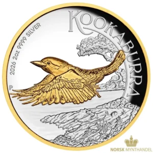 2026 Australia 2 oz Sølvmynt Kookaburra Proof HR Forgylt med 24 karat Gull M/Etui & COA