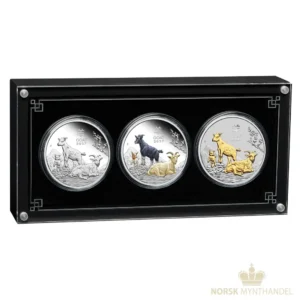 2027 Australia 3x1 oz Sølvmynter Lunar S3 Year of the Goat Trio Sett M/Etui & COA