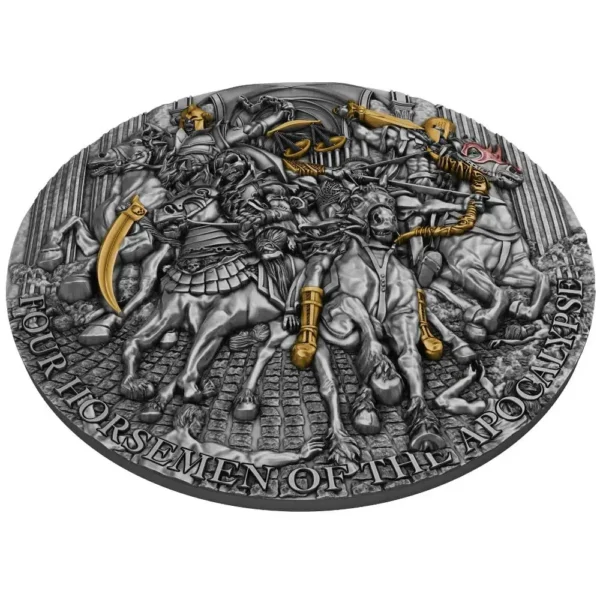 2022 Niue 5 oz Sølv Four Horsemen of The Apocalypse HR Antiqued M/Etui & COA - Bilde 3