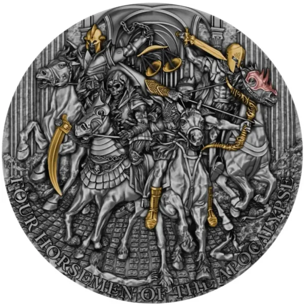 2022 Niue 5 oz Sølv Four Horsemen of The Apocalypse HR Antiqued M/Etui & COA