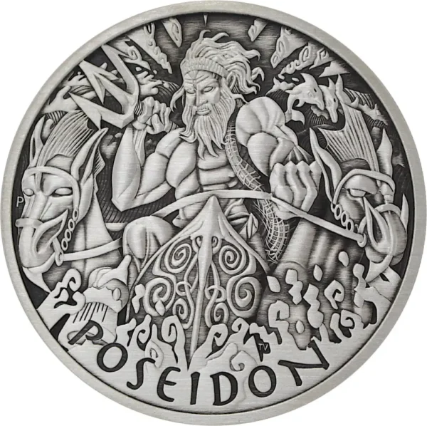 2021 Tuvalu 1 oz Sølv Gods of Olympus - Poseidon Antiqued M/Kapsel